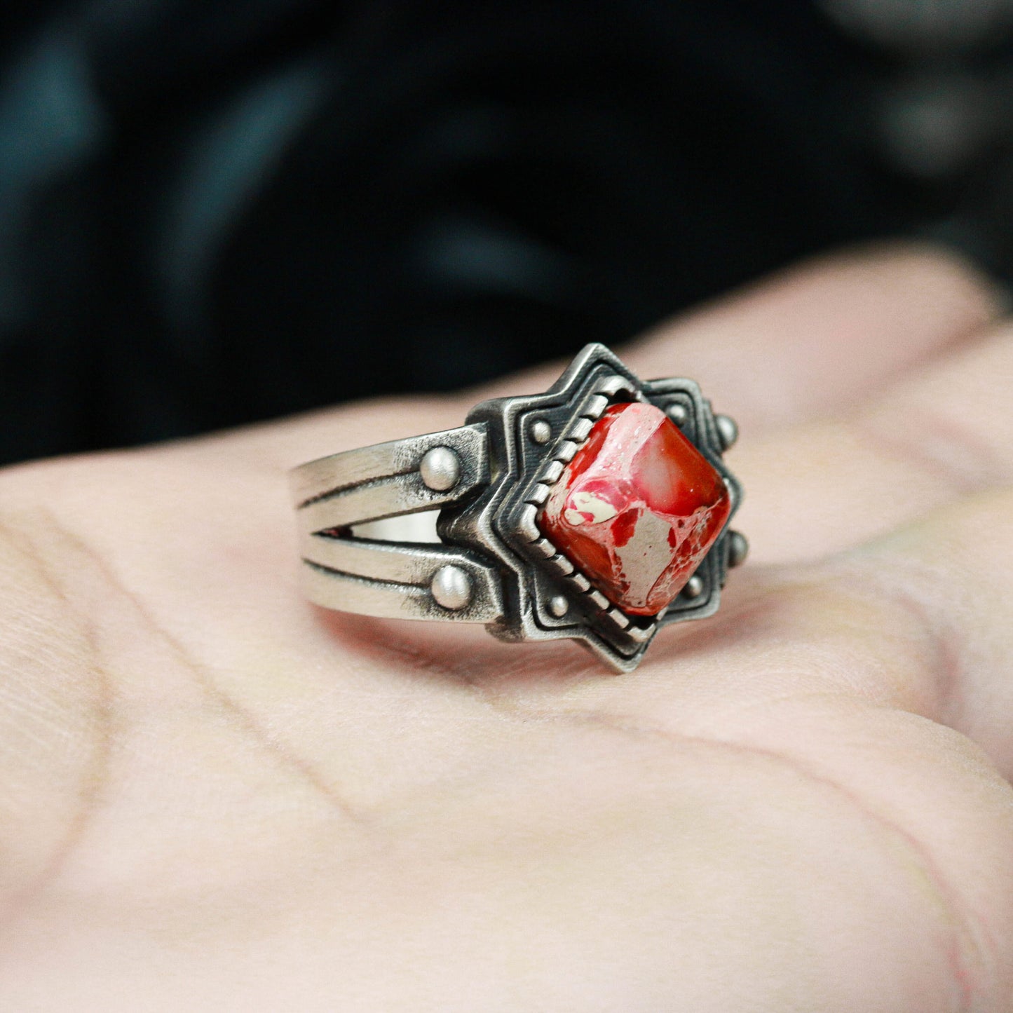 Red Stone Gothic Signet Ring ¨C 925 Sterling Silver Handmade