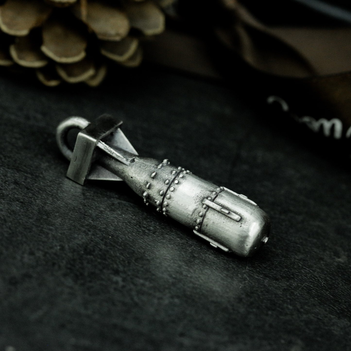 Missile Pendant with Industrial Texture - 925 Sterling Silver Handmade