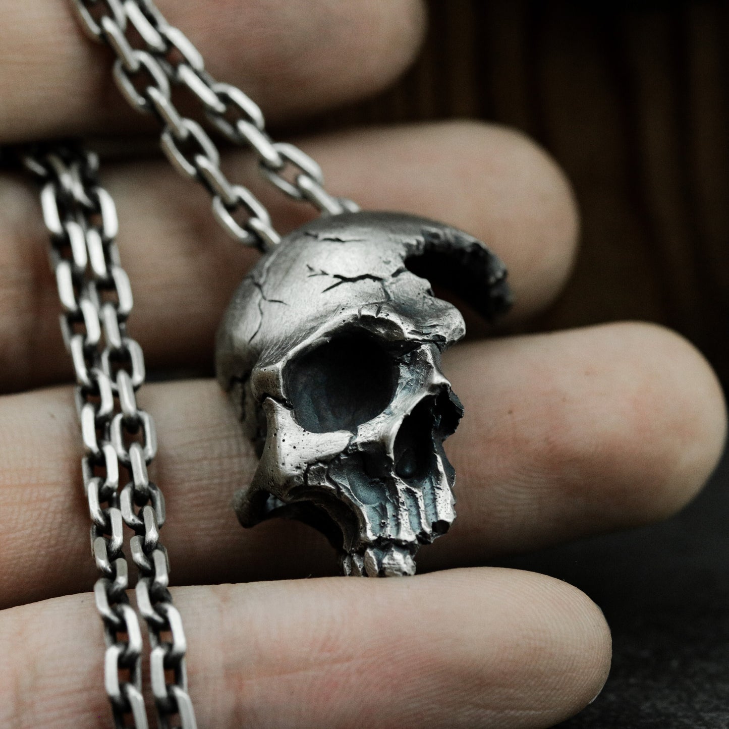 Broken Skull Pendant - 925 Silver Handmade Gothic Relic