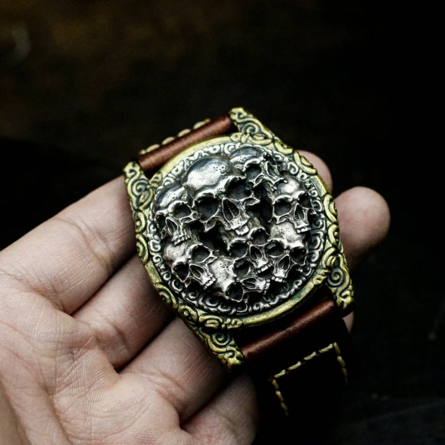 Skull Leather Watch Bracelet - 925 Silver Handmade