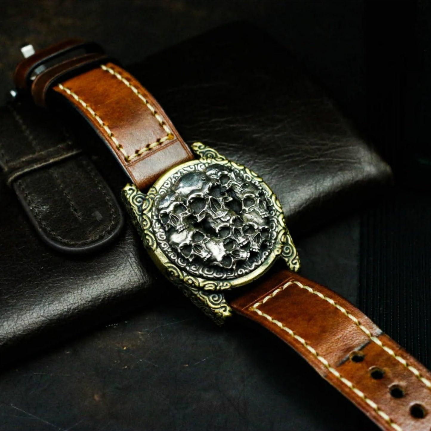 Skull Leather Watch Bracelet - 925 Silver Handmade