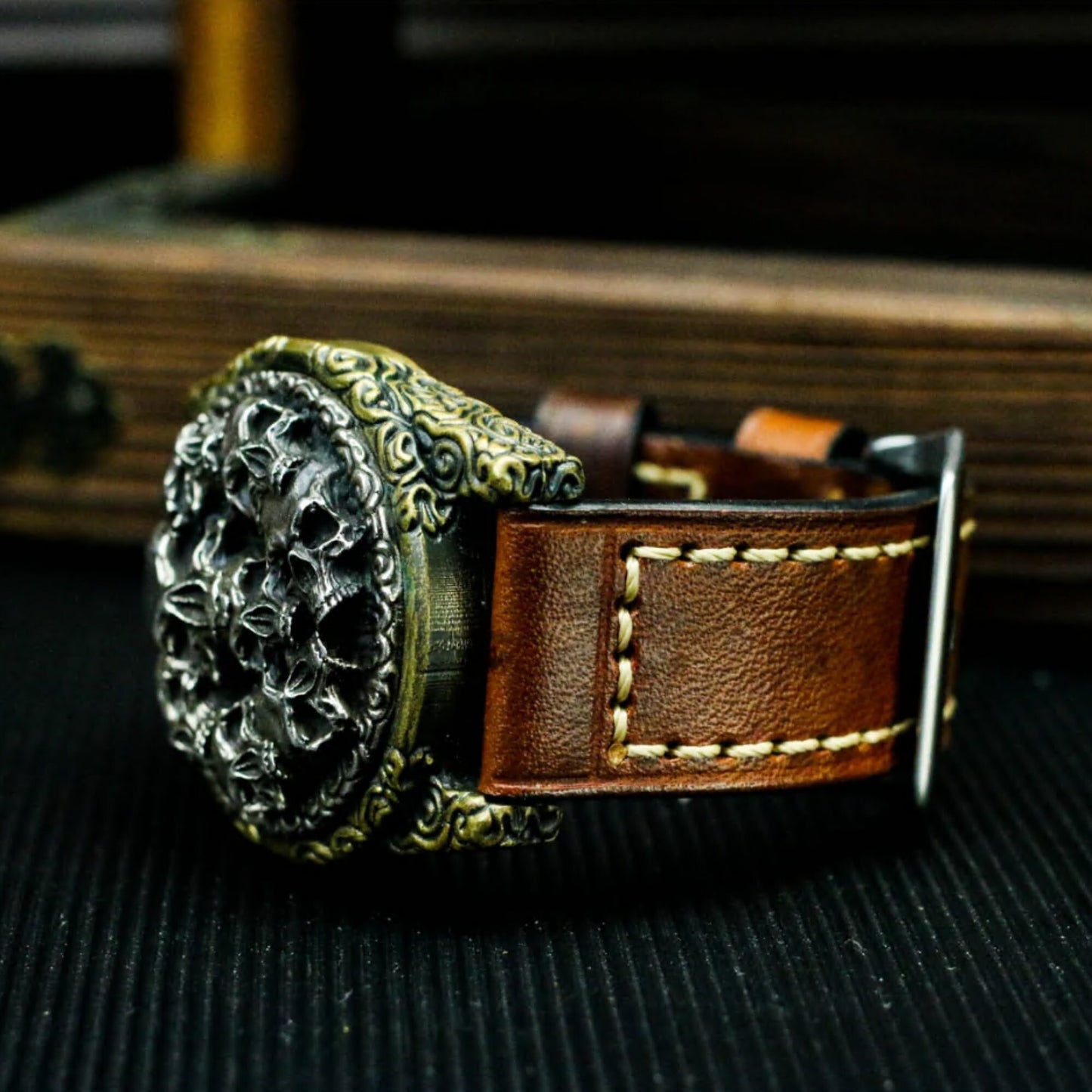 Skull Leather Watch Bracelet - 925 Silver Handmade