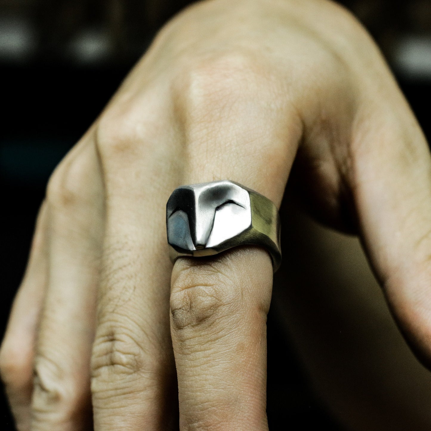 Warrior Mask Ring with Bold Lines - 925 Sterling Silver Handmade