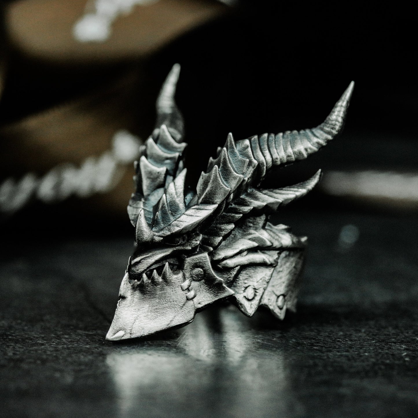 Horned Demon Ring with Gothic Carving ¨C 925 Sterling Silver Handmade