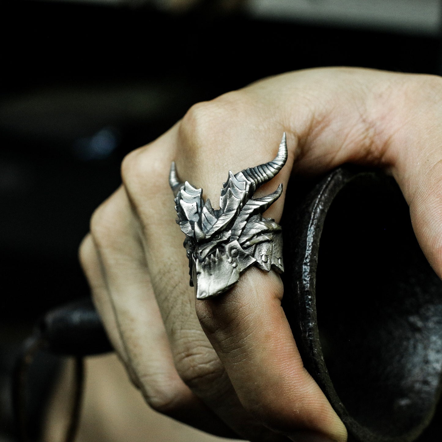 Horned Demon Ring with Gothic Carving ¨C 925 Sterling Silver Handmade