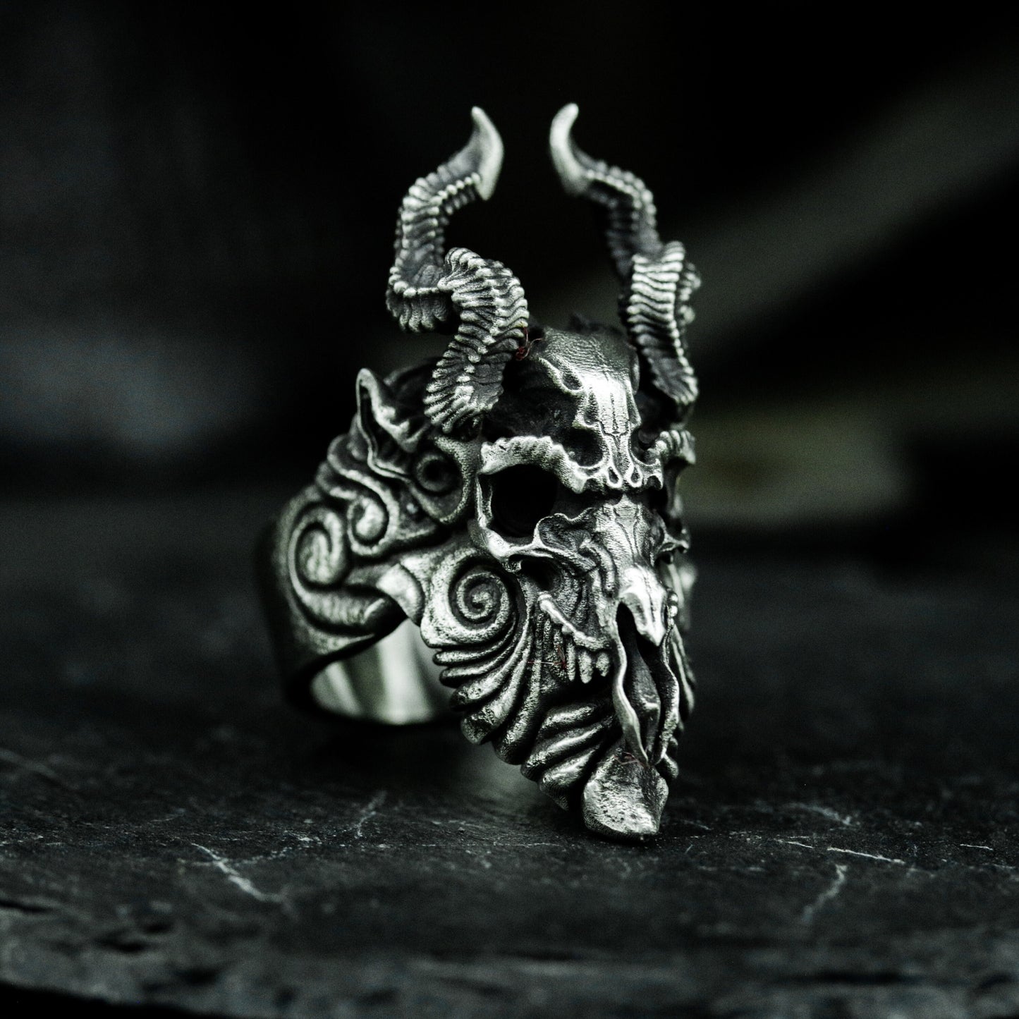 Horned Demon Goat Ring with Carved Flames ¨C 925 Sterling Silver Handmade