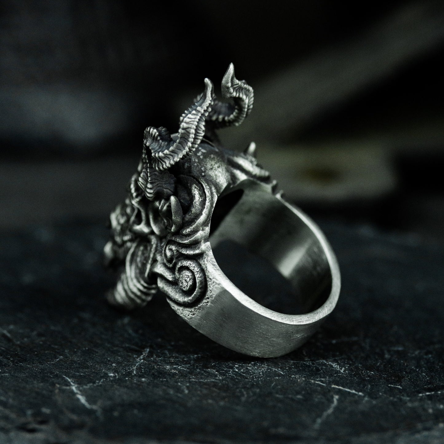 Horned Demon Goat Ring with Carved Flames ¨C 925 Sterling Silver Handmade