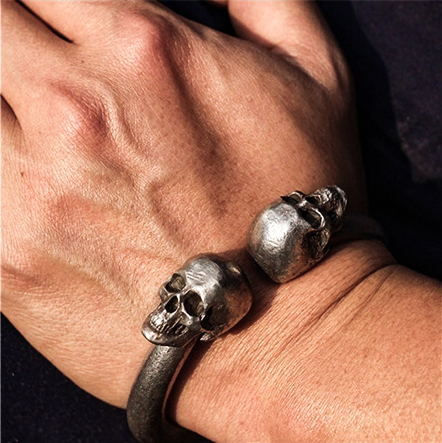 Twin Skull Torque Bracelet ¨C 925 Sterling Silver Handmade