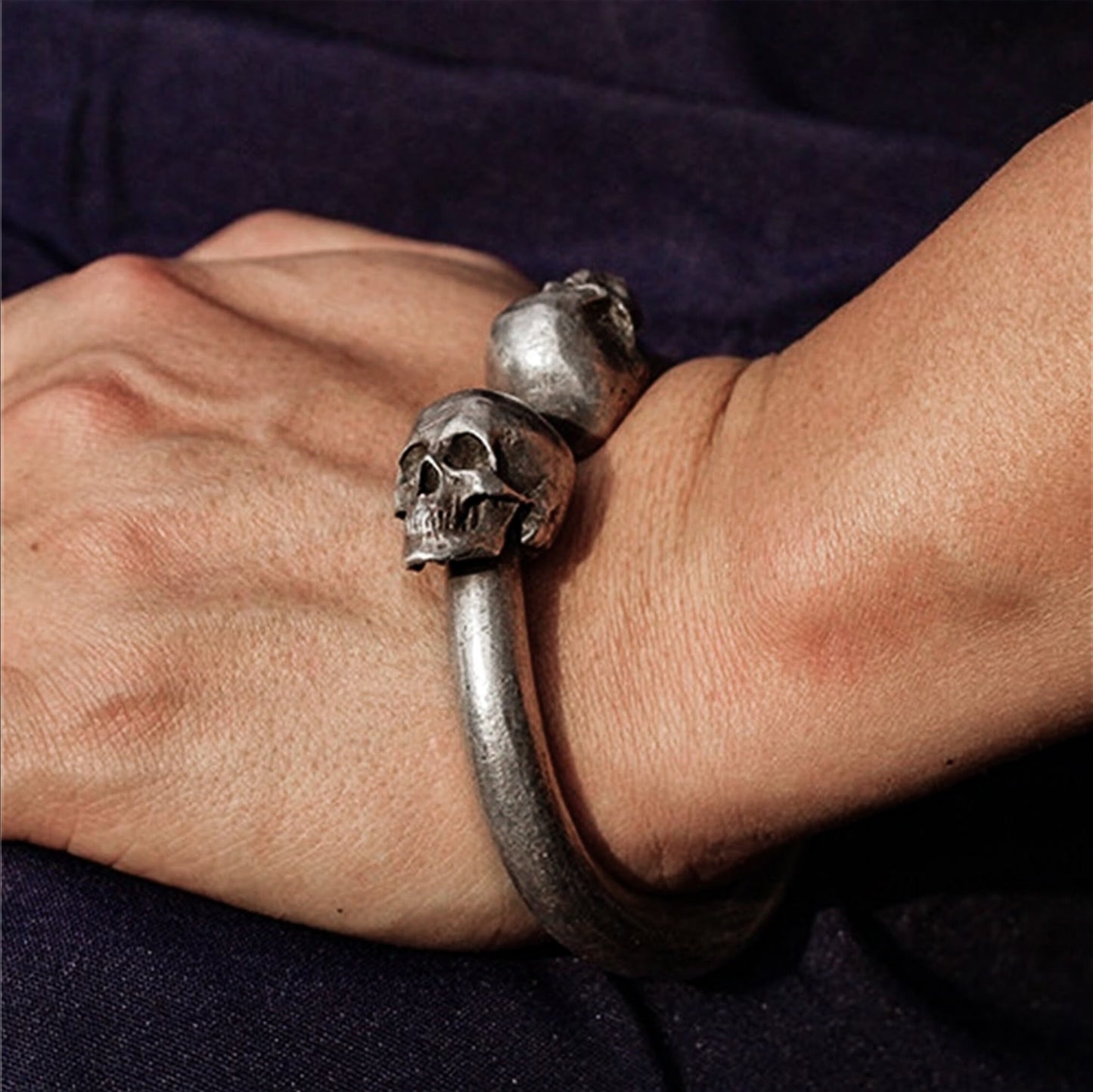 Twin Skull Torque Bracelet ¨C 925 Sterling Silver Handmade