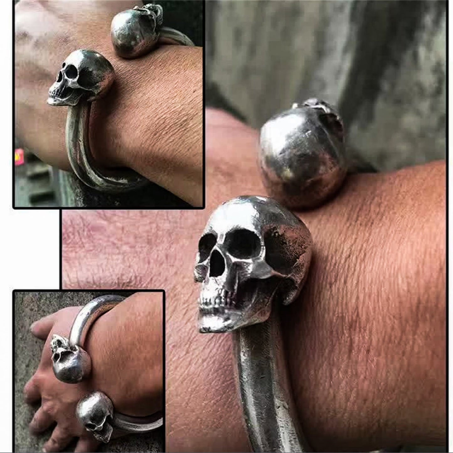 Twin Skull Torque Bracelet ¨C 925 Sterling Silver Handmade