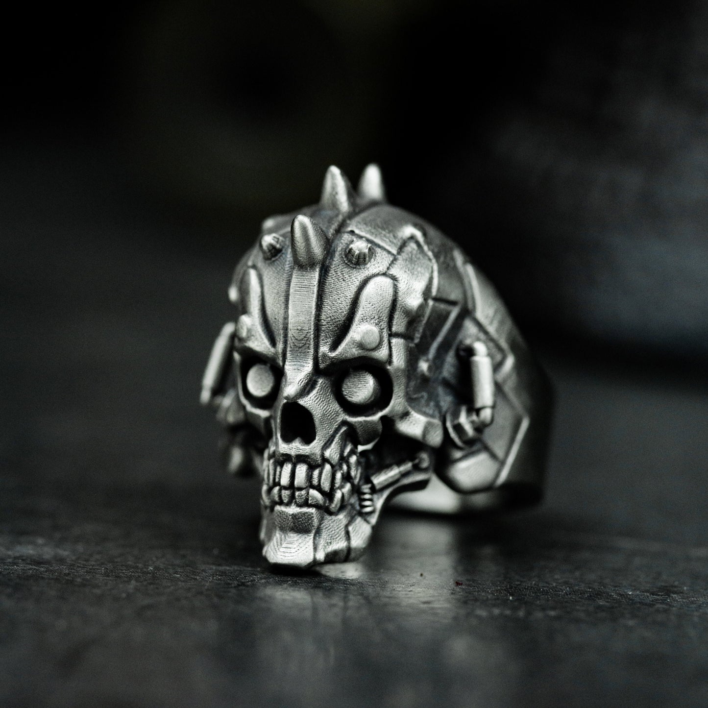 Robot Skull Ring with Cyberpunk Detail ¨C 925 Sterling Silver Handmade