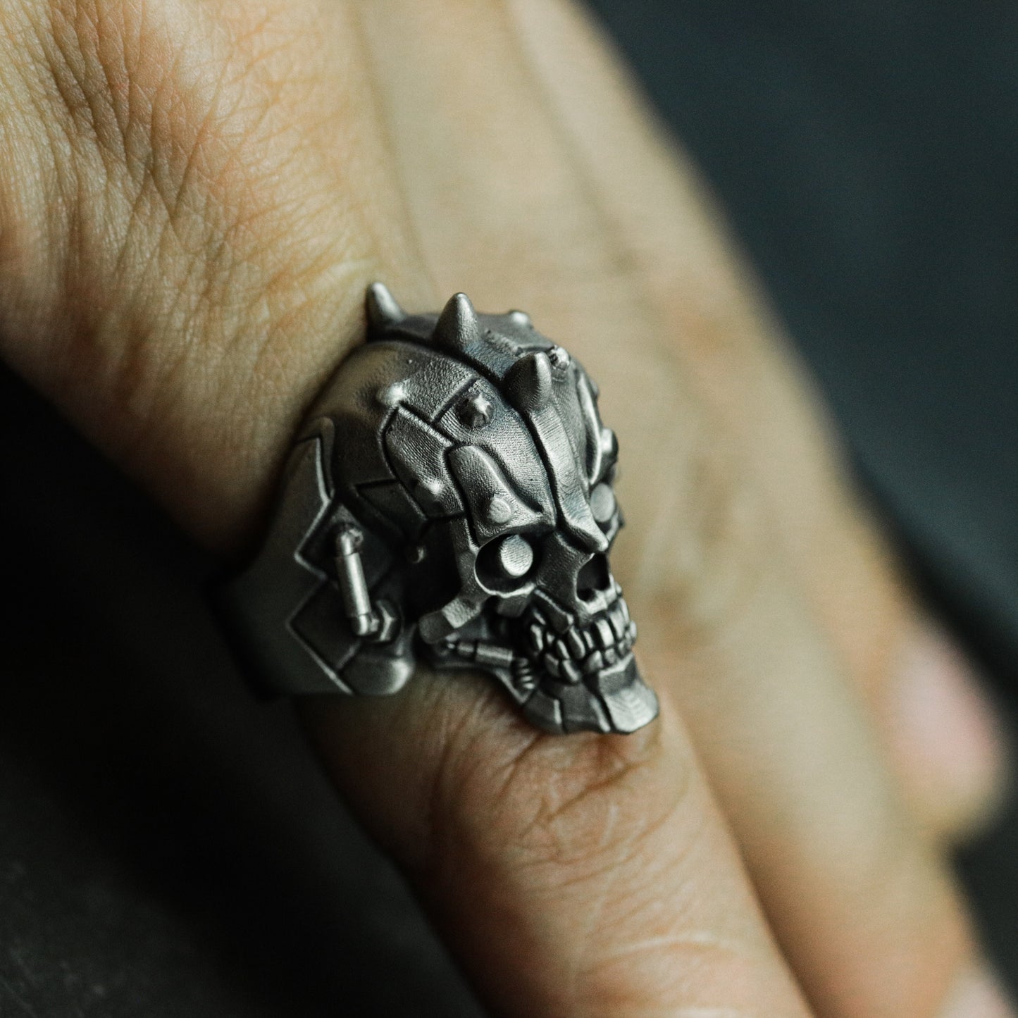 Robot Skull Ring with Cyberpunk Detail ¨C 925 Sterling Silver Handmade