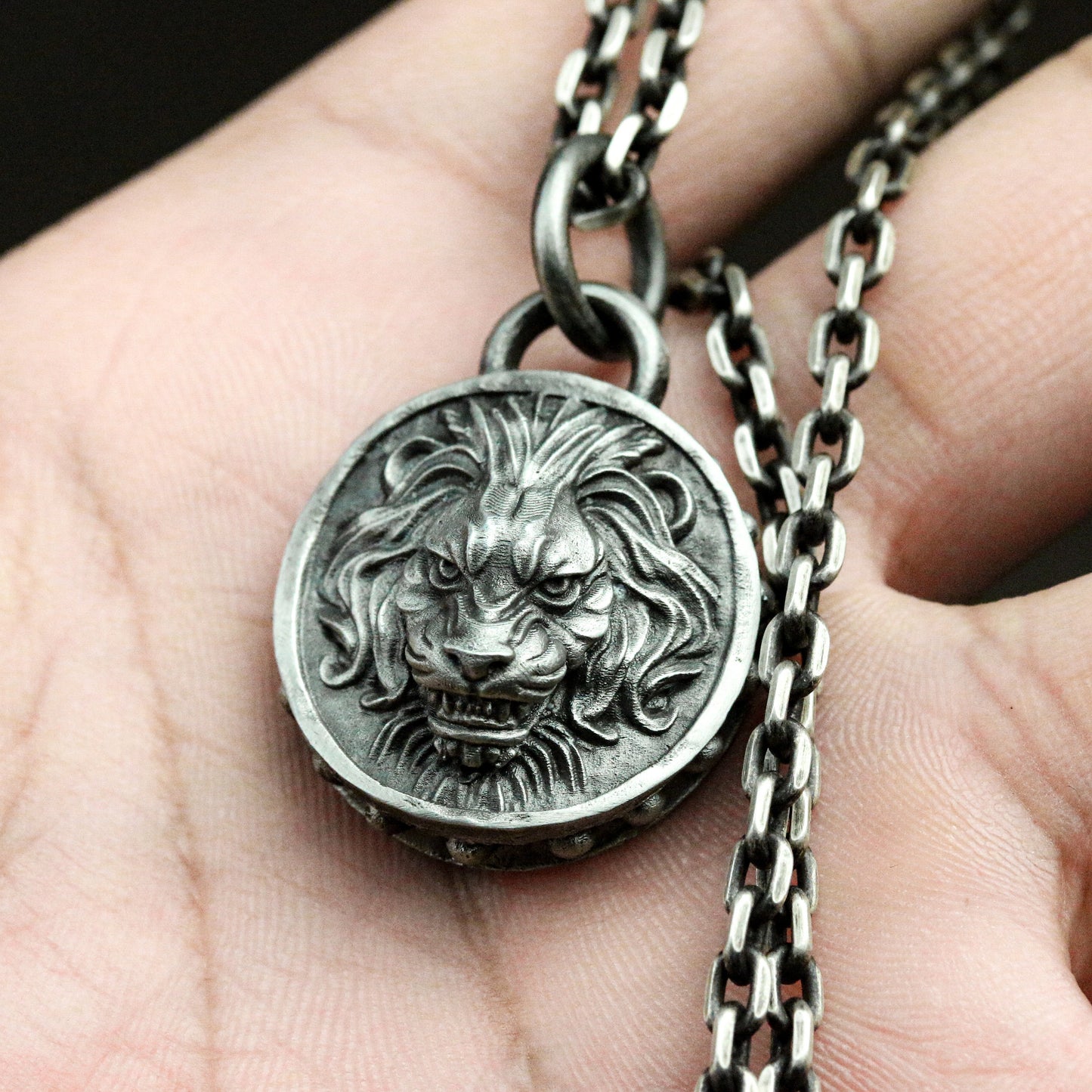 Lion Head Coin Pendant ¨C 925 Sterling Silver Handmade