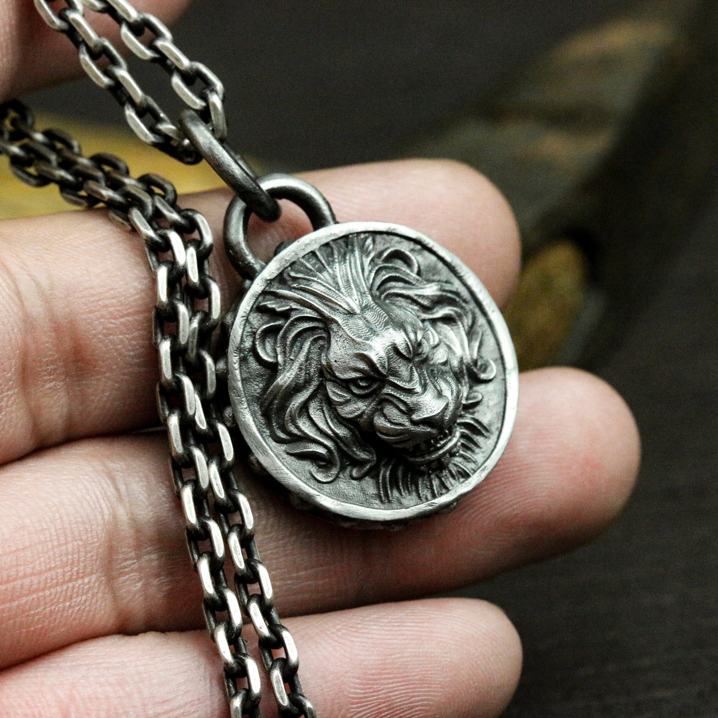 Lion Head Coin Pendant ¨C 925 Sterling Silver Handmade
