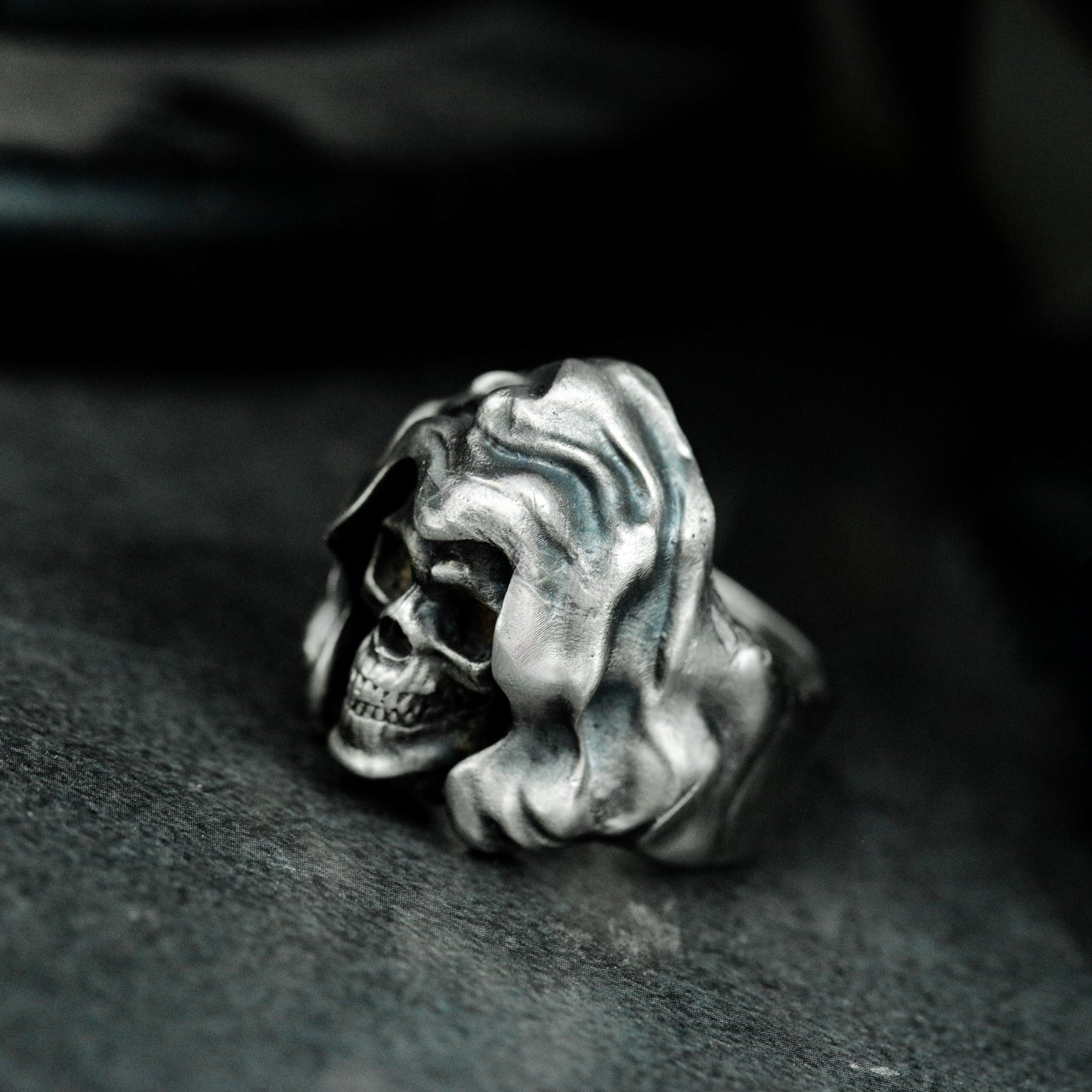 Long-Haired Skull Ring with Flowing Hood ¨C 925 Sterling Silver Handmade