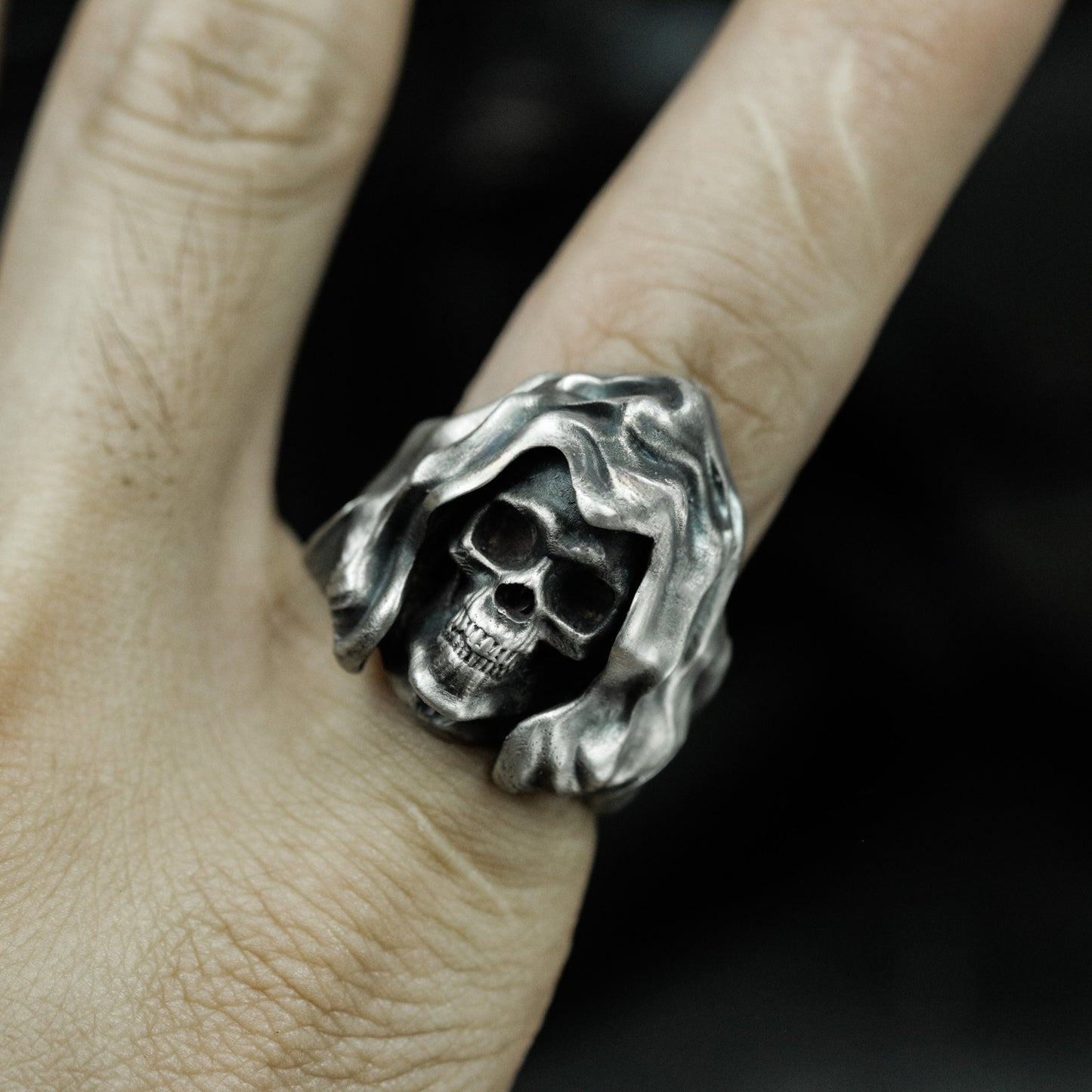 Long-Haired Skull Ring with Flowing Hood ¨C 925 Sterling Silver Handmade