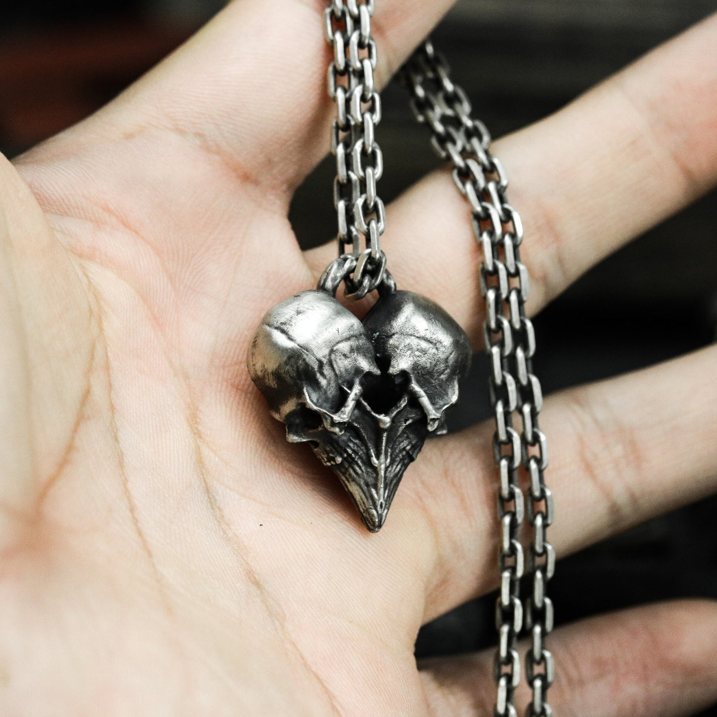Double Skull Heart Pendant ¨C 925 Sterling Silver Handmade
