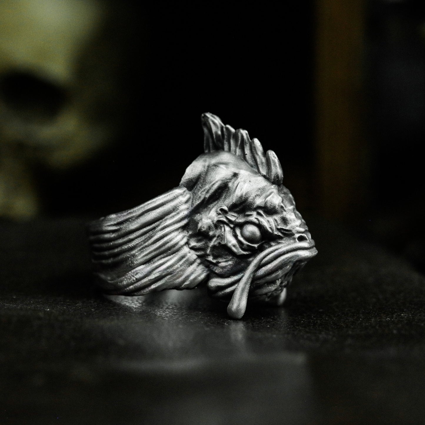 Grotesque Fish Face Ring with Textured Fins - 925 Sterling Silver Handmade