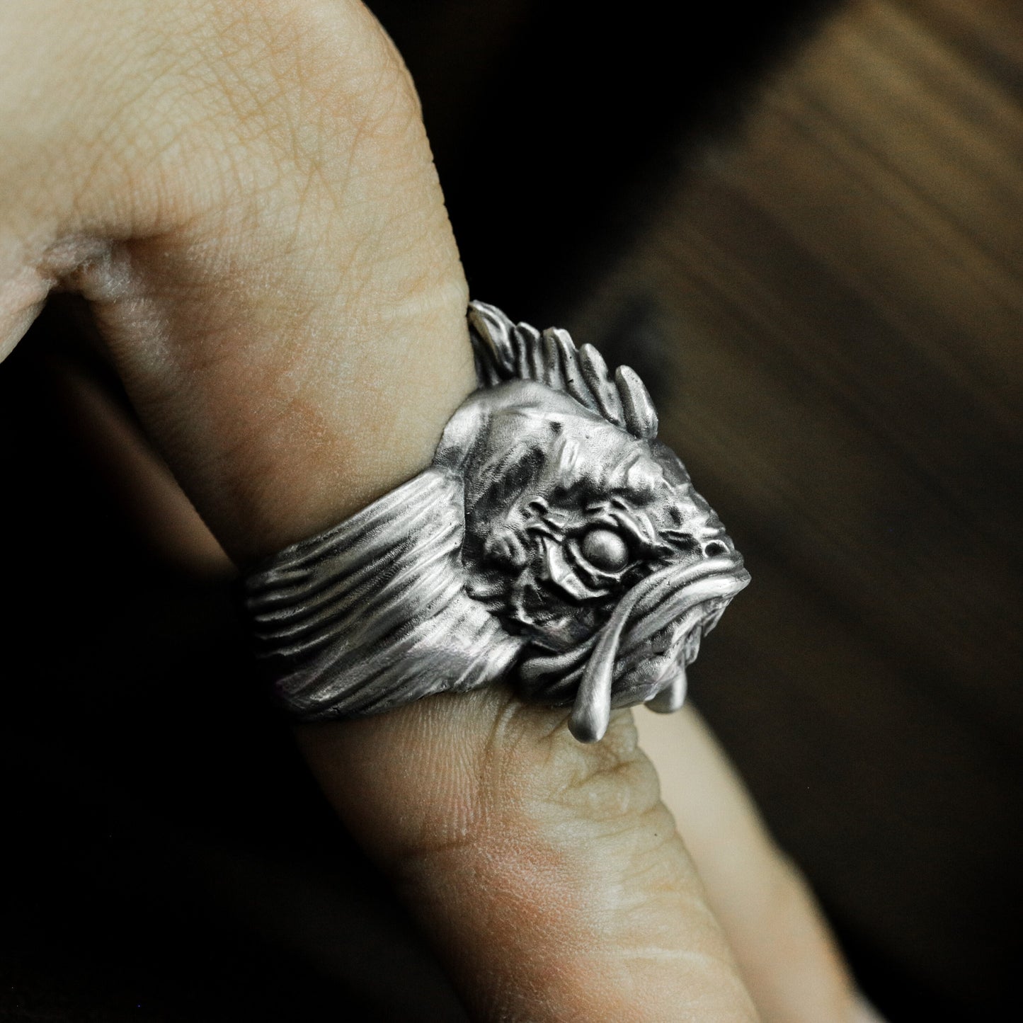 Grotesque Fish Face Ring with Textured Fins - 925 Sterling Silver Handmade