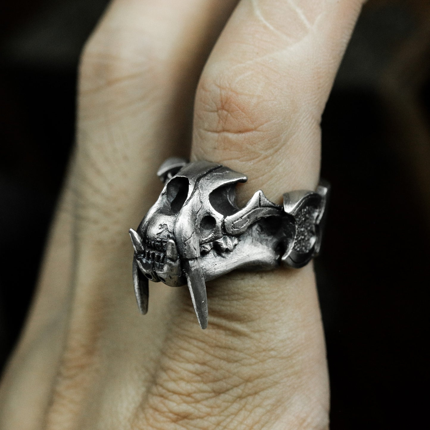 Saber-tooth Tiger Skull Ring - 925 Silver Handmade