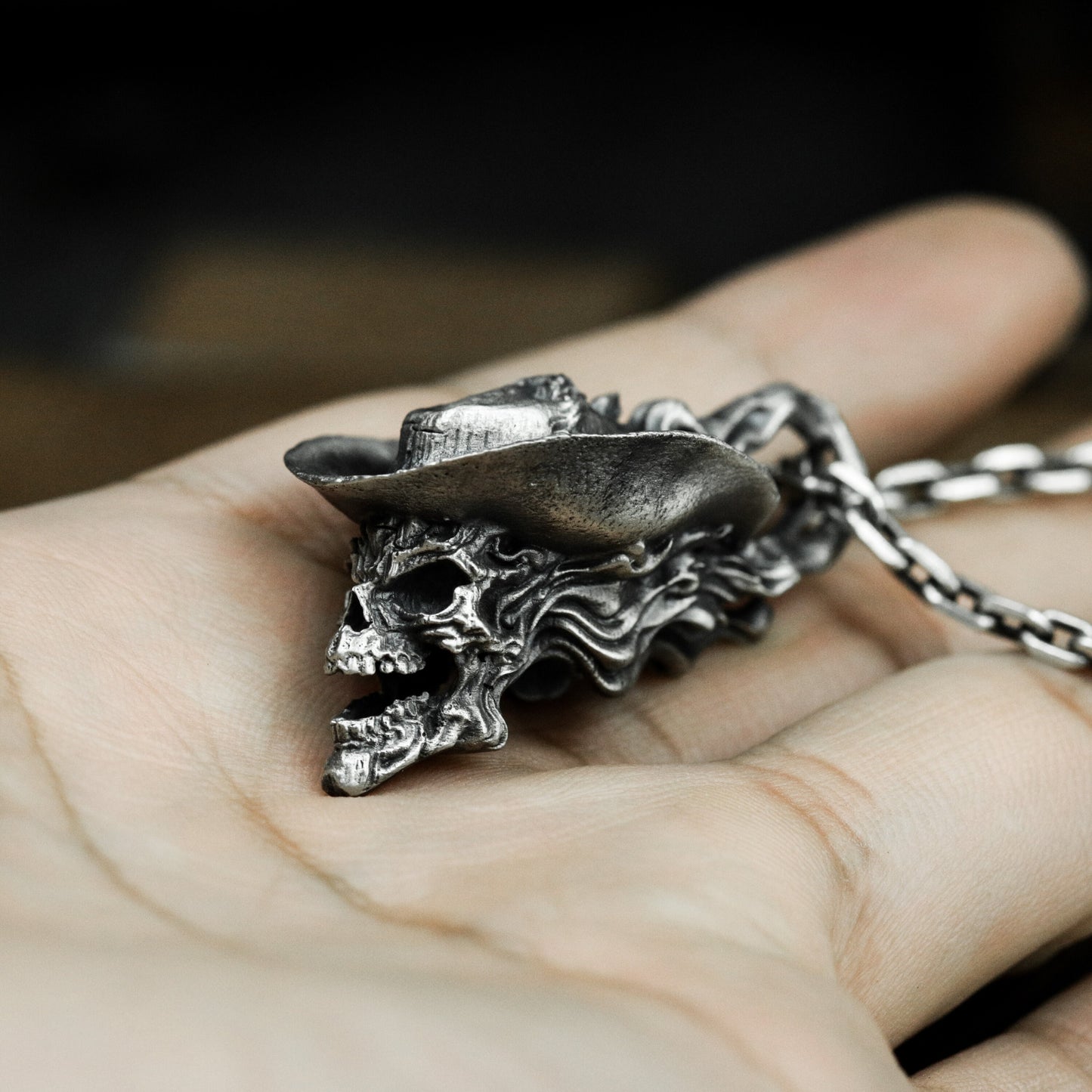 Cowboy Skull Pendant with Western Hat ¨C 925 Sterling Silver Handmade
