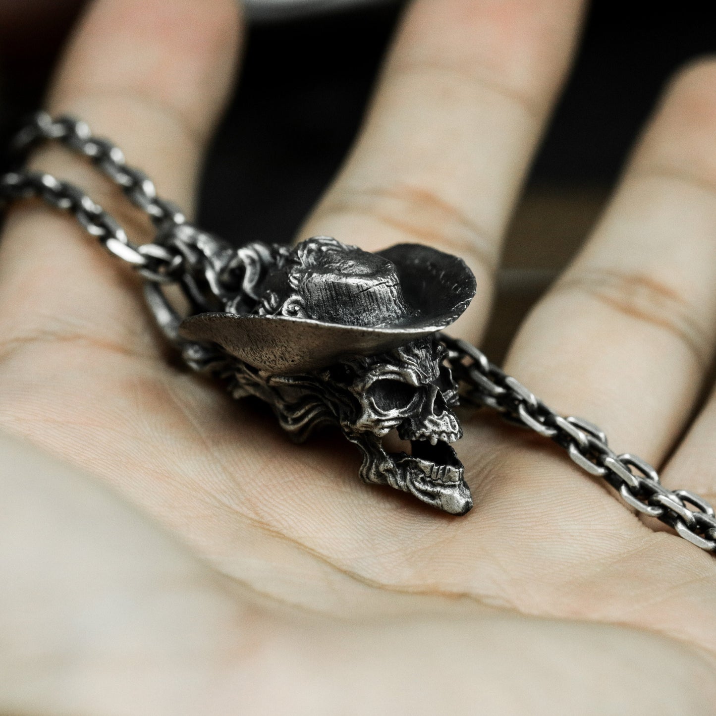 Cowboy Skull Pendant with Western Hat ¨C 925 Sterling Silver Handmade
