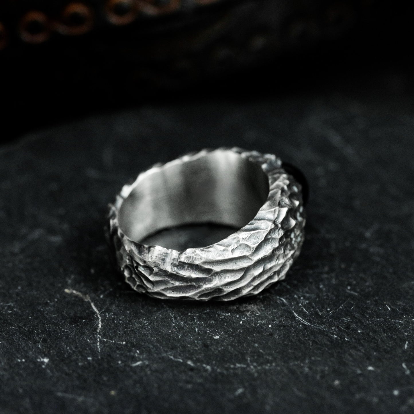 Black Agate Hammered Ring - 925 Silver Handmade