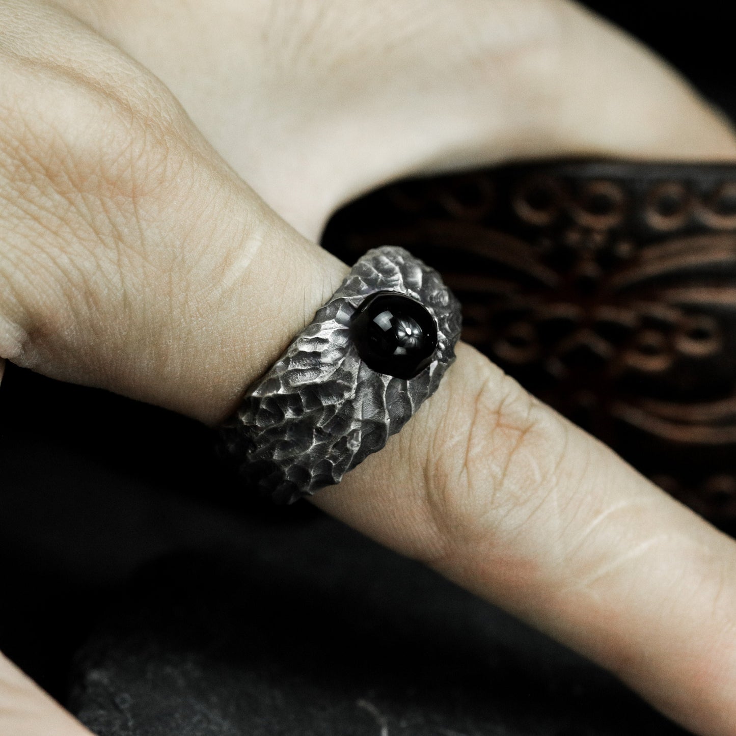 Black Agate Hammered Ring - 925 Silver Handmade