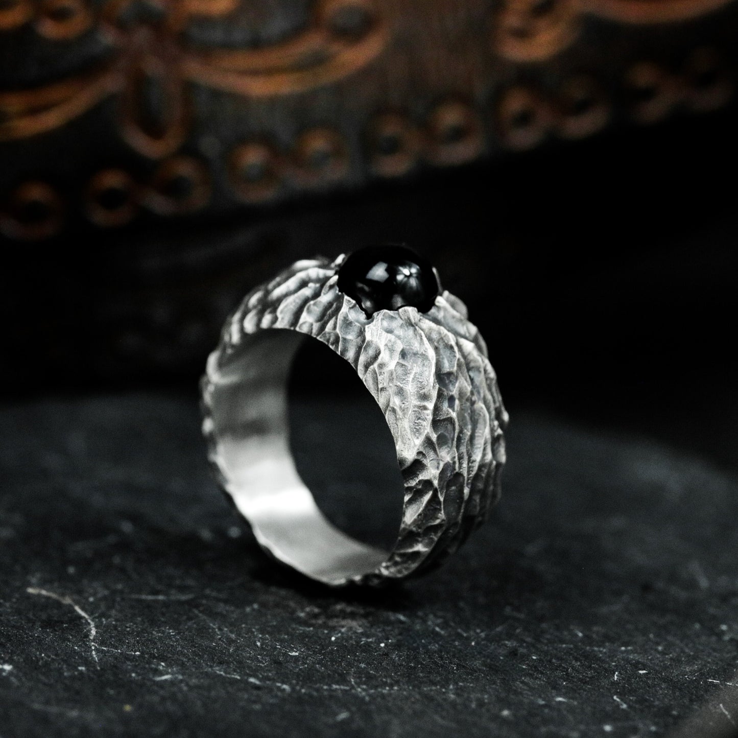 Black Agate Hammered Ring - 925 Silver Handmade