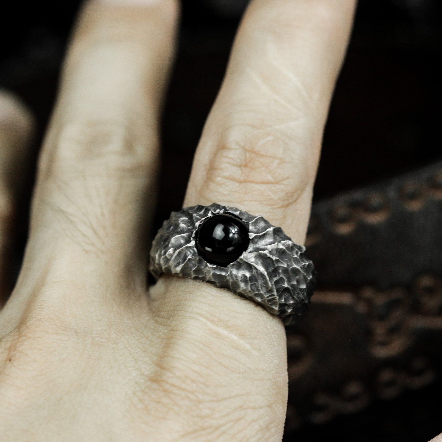 Black Agate Hammered Ring - 925 Silver Handmade