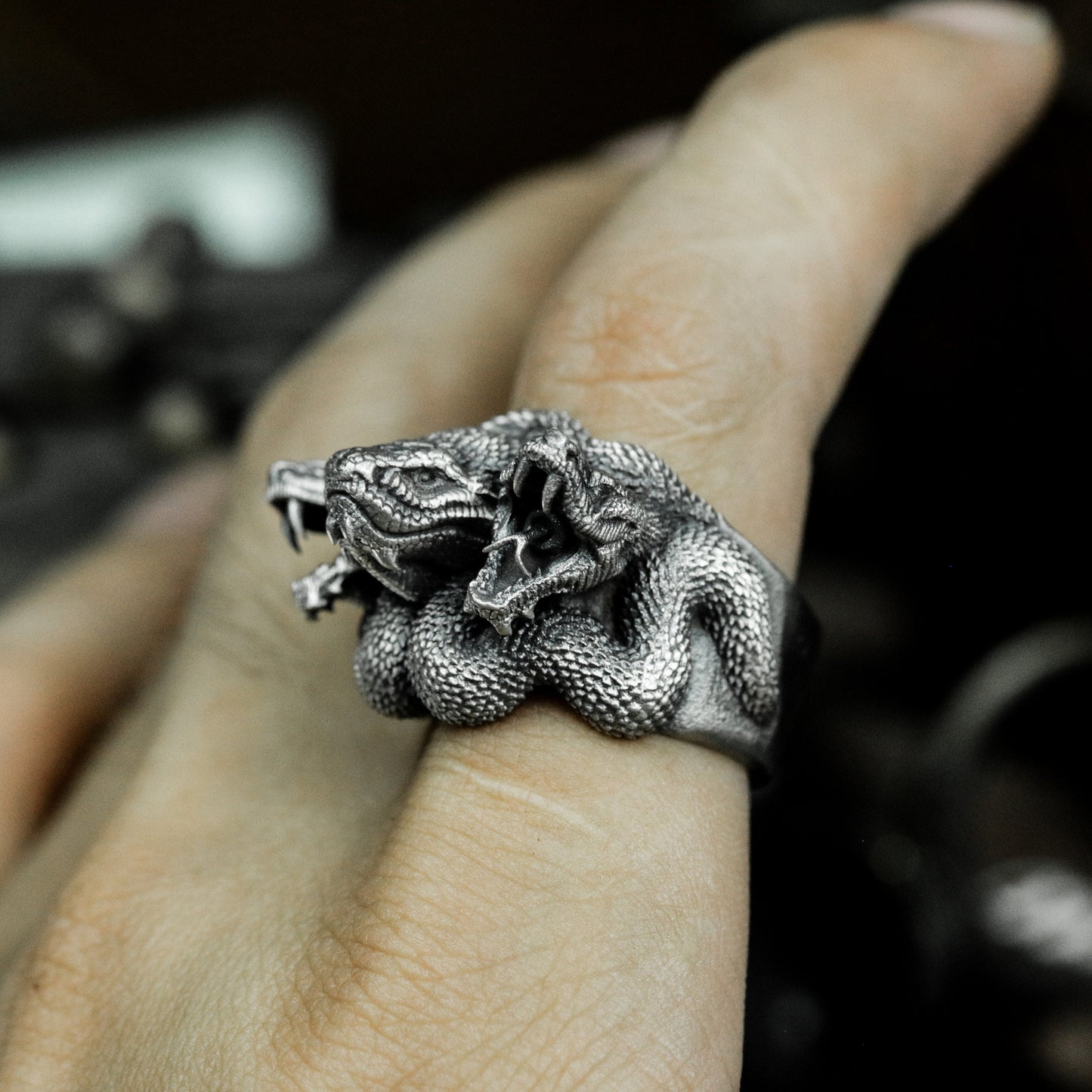 Three-headed Snake Ring - 925 Silver Handmade
