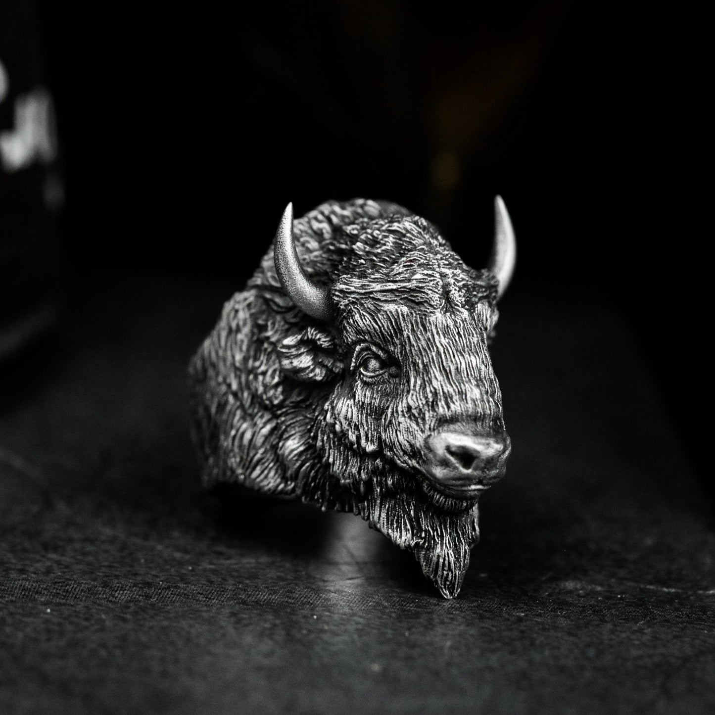 Bison Head Ring with Realistic Texture - 925 Sterling Silver Handmade