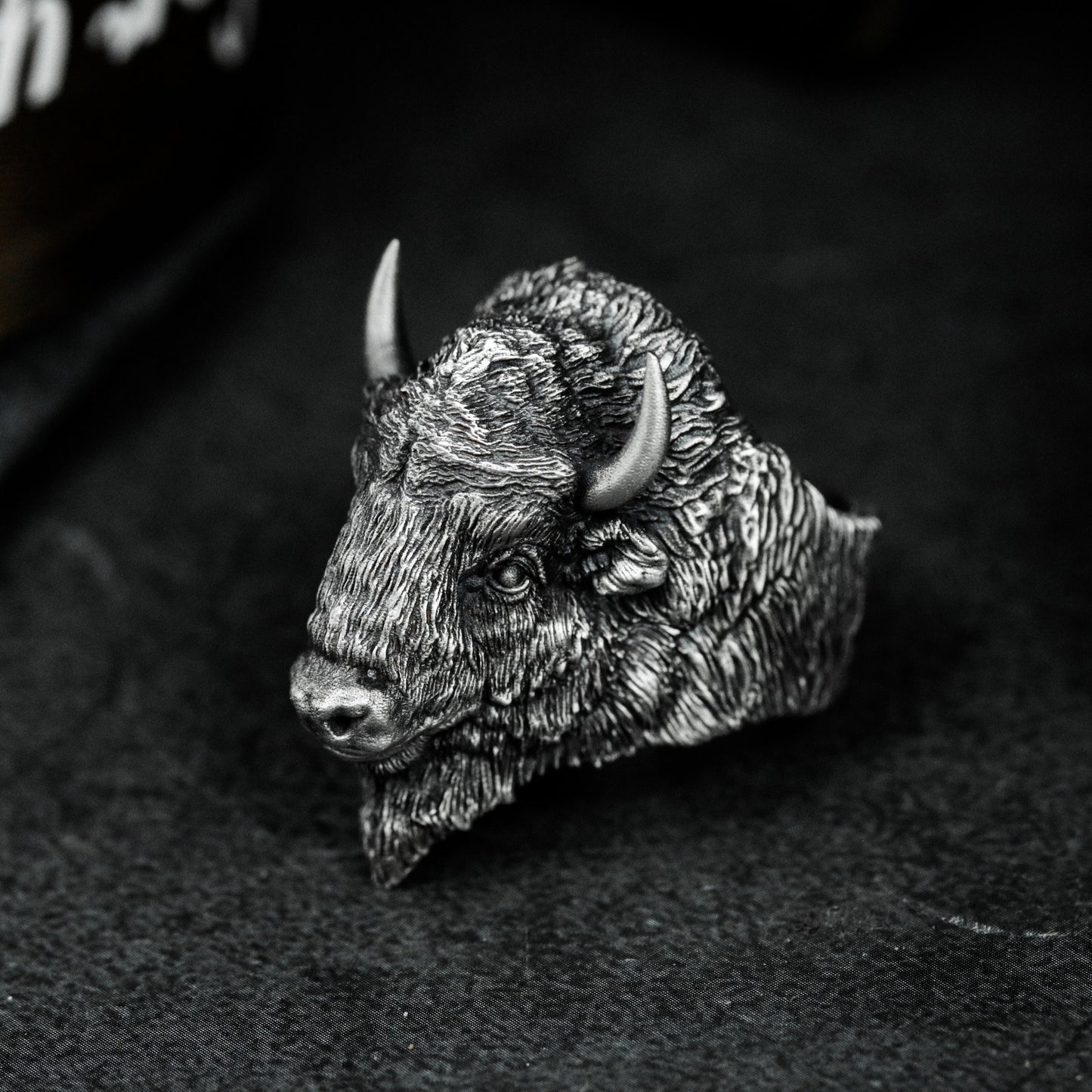 Bison Head Ring with Realistic Texture - 925 Sterling Silver Handmade