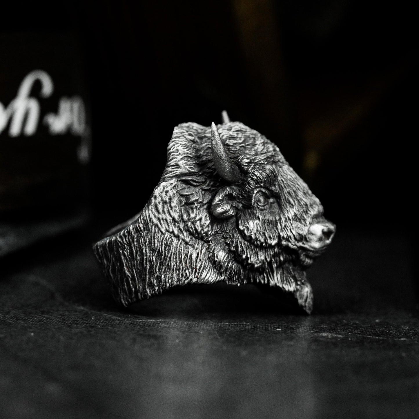 Bison Head Ring with Realistic Texture - 925 Sterling Silver Handmade