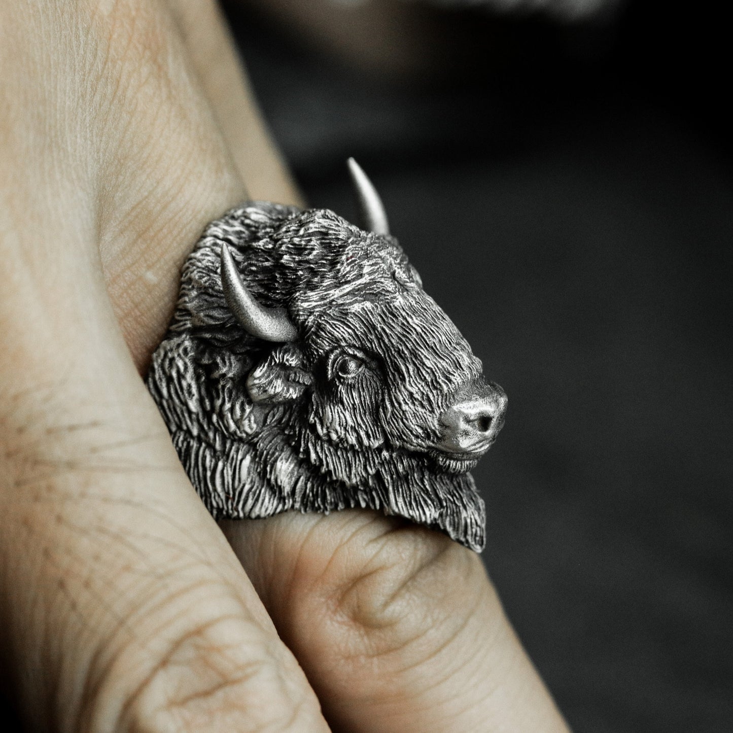 Bison Head Ring with Realistic Texture - 925 Sterling Silver Handmade