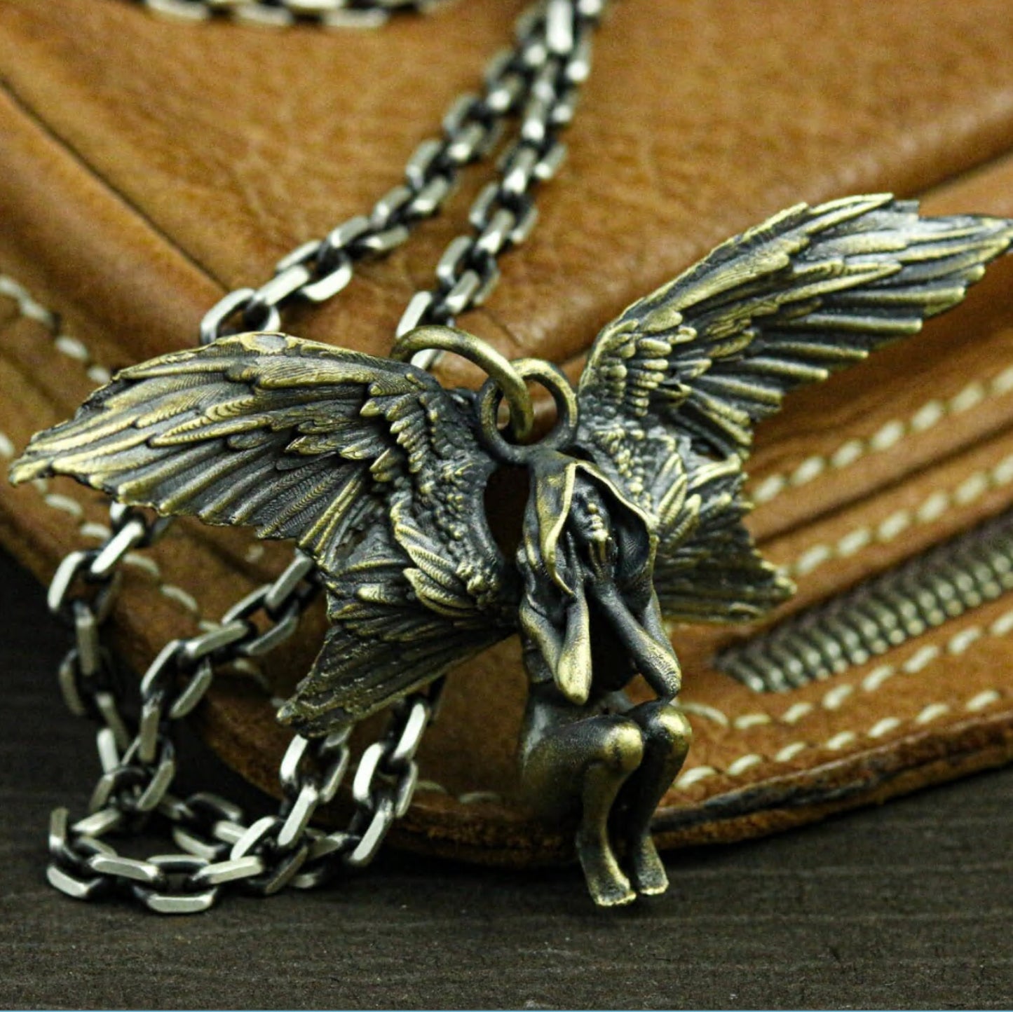Fallen Angel Pendant with Folded Wings - 925 Sterling Silver Handmade