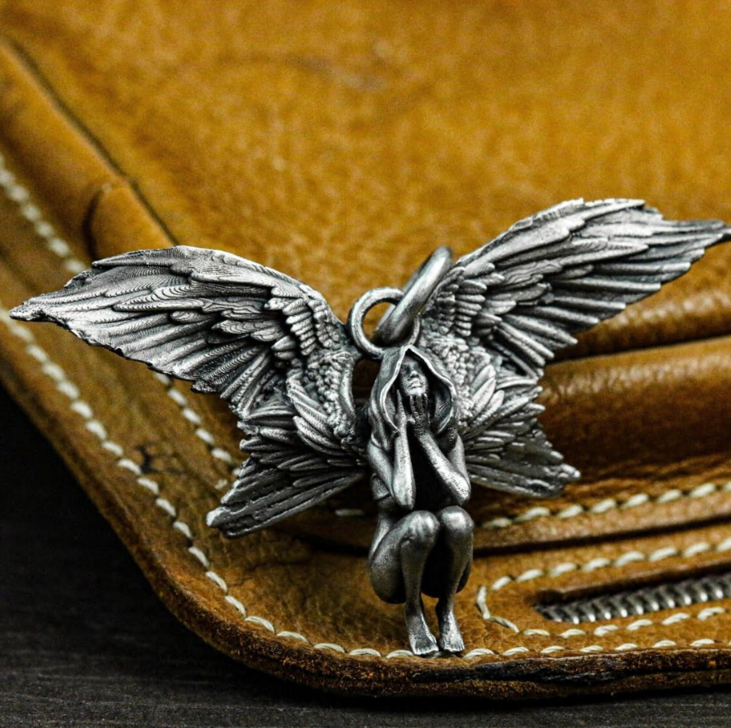 Fallen Angel Pendant with Folded Wings - 925 Sterling Silver Handmade