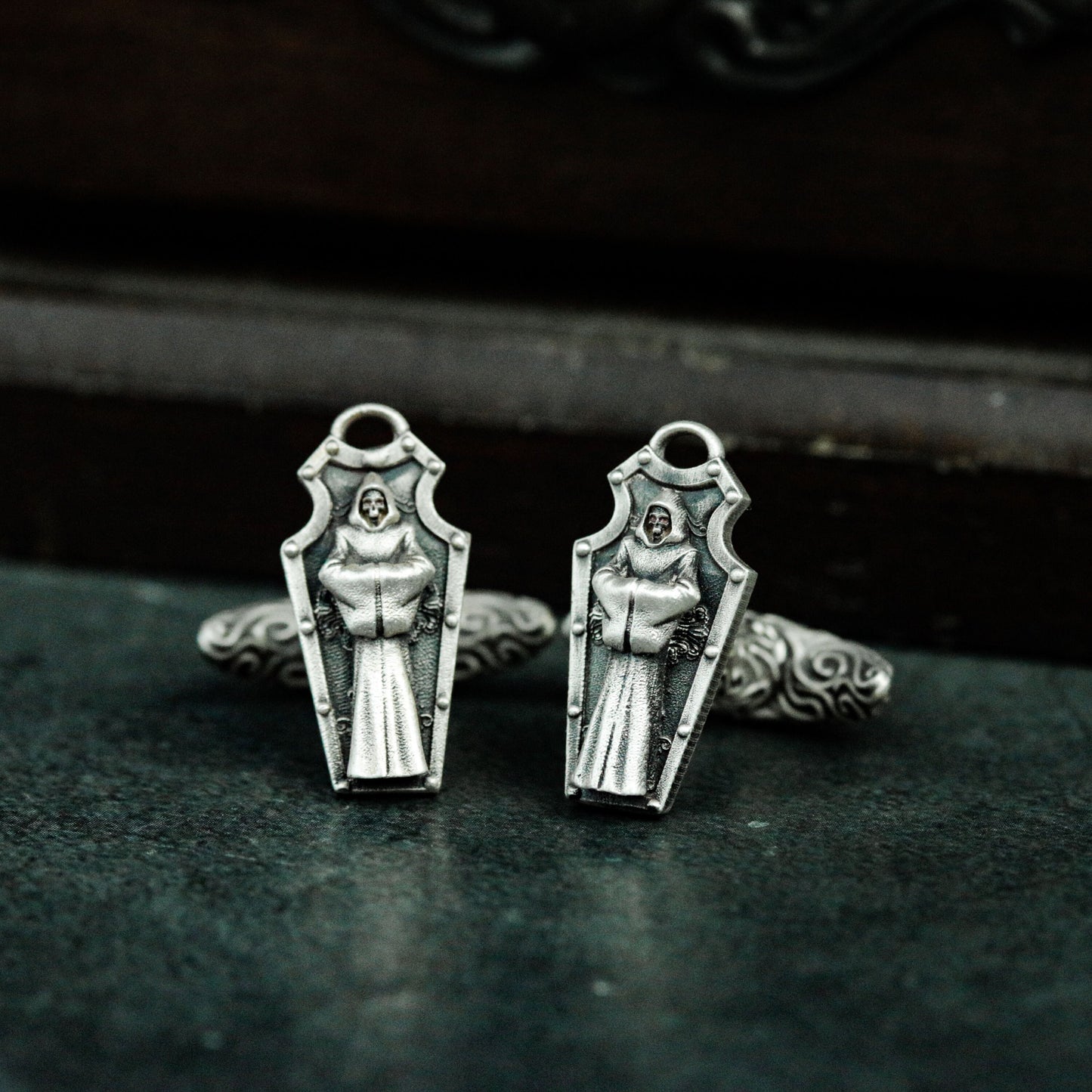 Gravestone Cufflinks with Cross and Draped Shroud ¨C 925 Sterling Silver Handmade