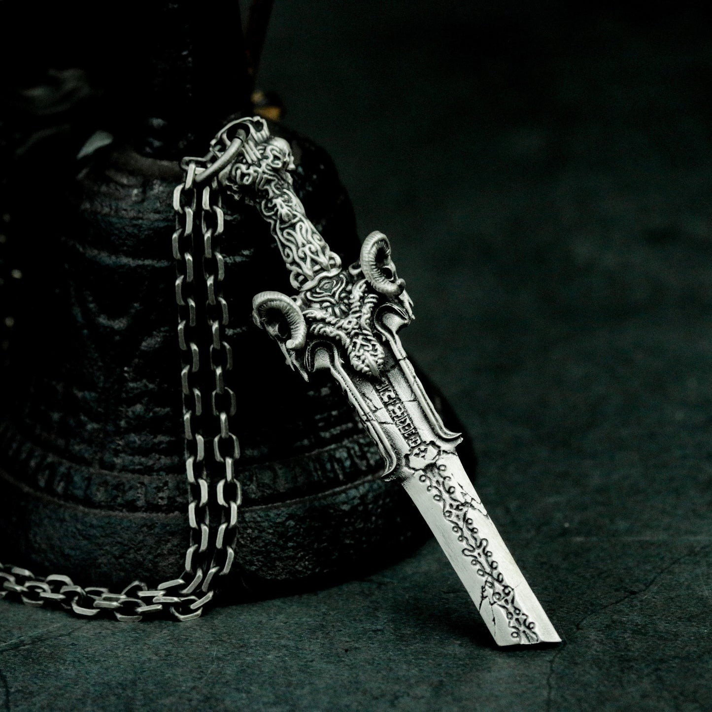 Gothic Sword Pendant with Skull Pommel ¨C 925 Sterling Silver Handmade