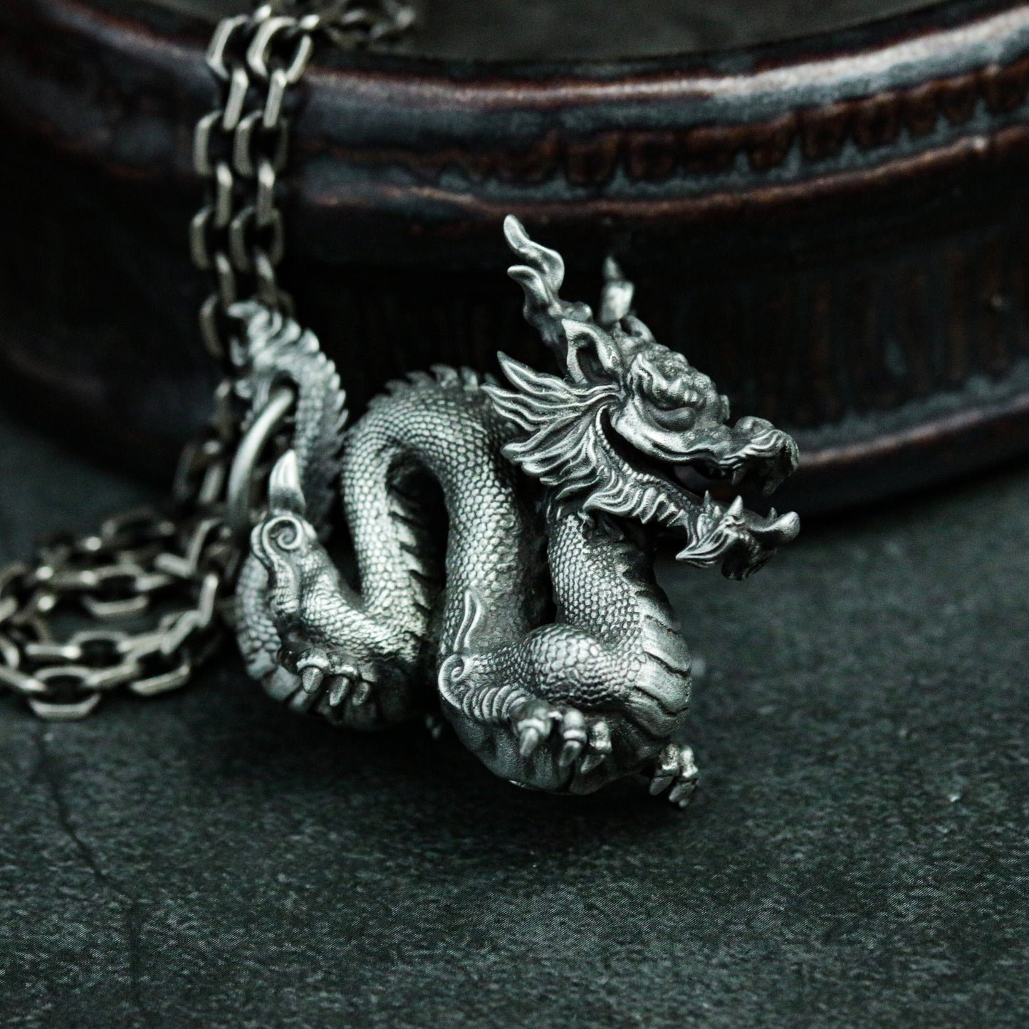 Chinese Dragon Pendant in Coiled Pose ¨C 925 Sterling Silver Handmade
