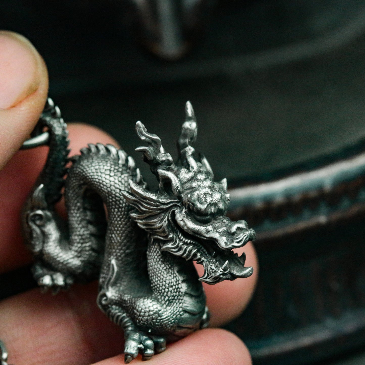 Chinese Dragon Pendant in Coiled Pose ¨C 925 Sterling Silver Handmade