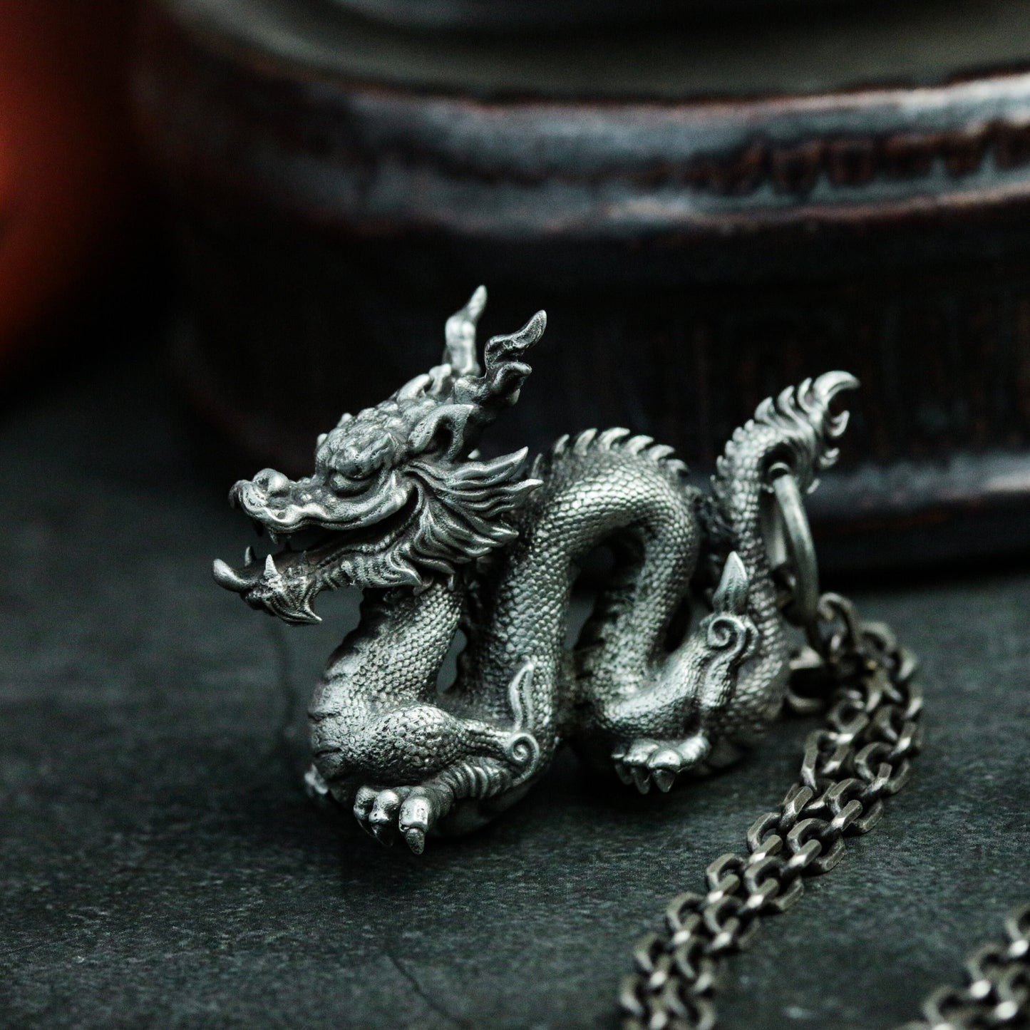 Chinese Dragon Pendant in Coiled Pose ¨C 925 Sterling Silver Handmade
