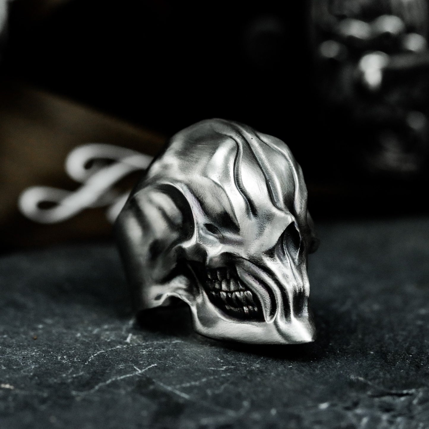 Carved Cyber Skull Ring - 925 Silver Handmade