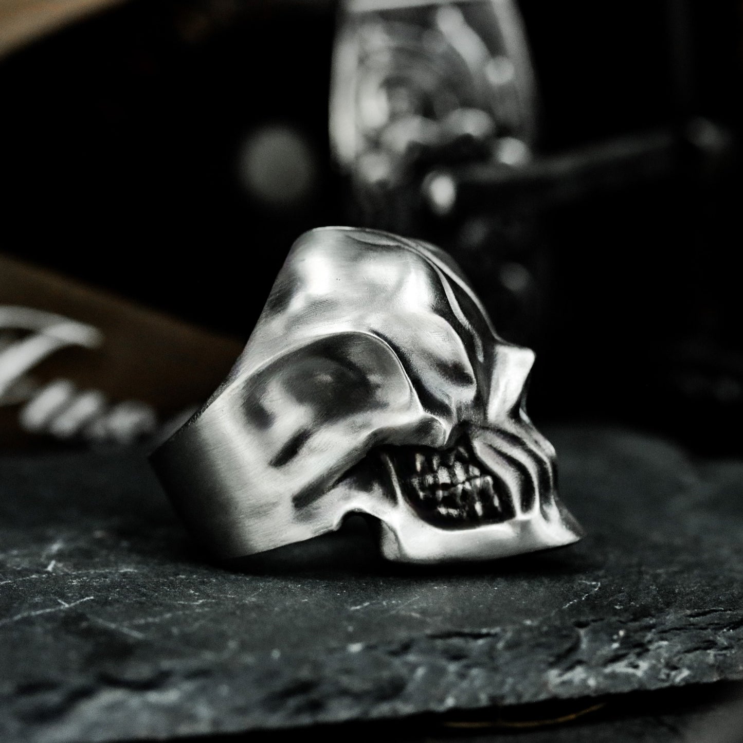 Carved Cyber Skull Ring - 925 Silver Handmade