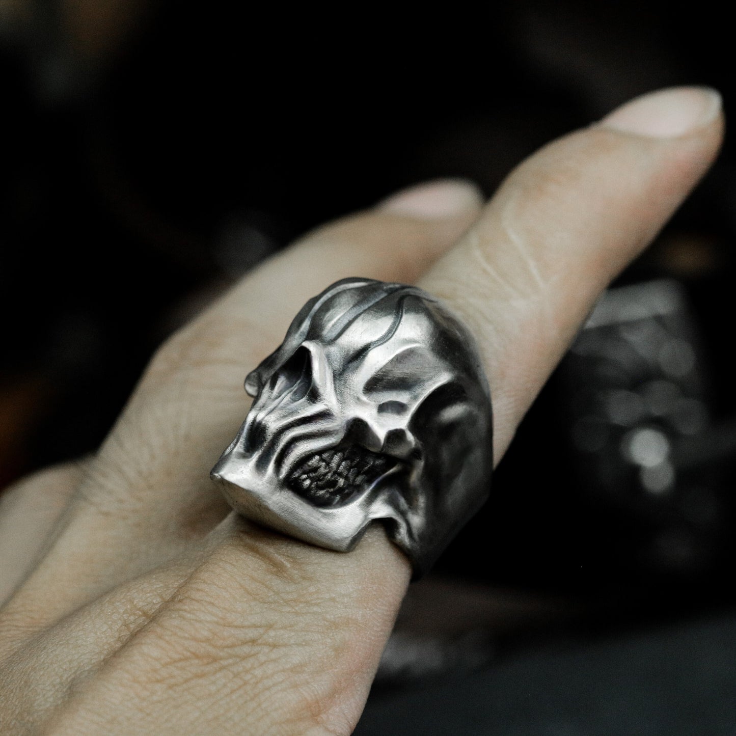 Carved Cyber Skull Ring - 925 Silver Handmade
