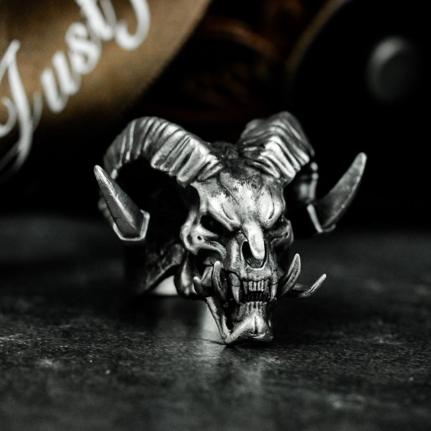 Double-Horned Demon Skull Ring ¨C 925 Sterling Silver Handmade