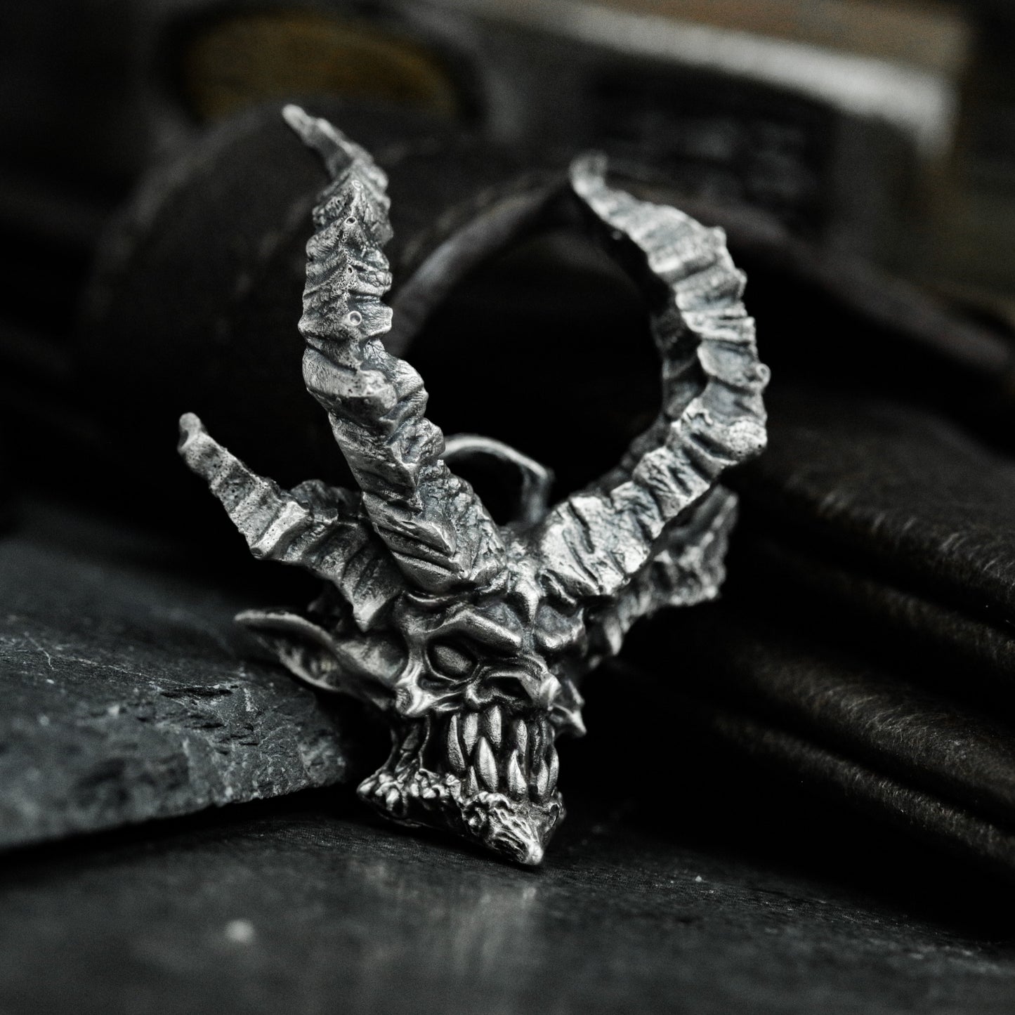 Horned Skull Pendant ¨C Handmade 925 Silver Demon Necklace