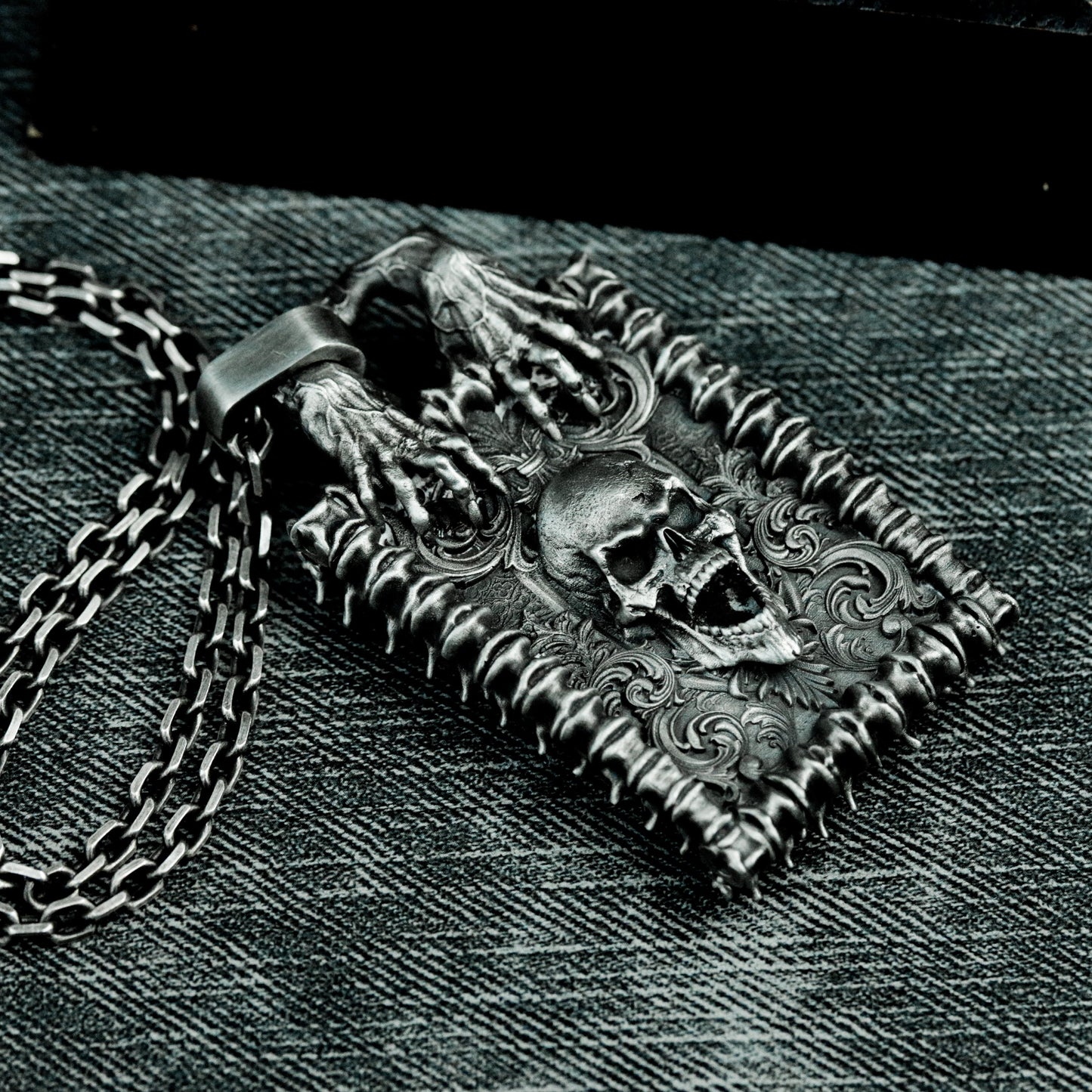 Baroque Skull Pendant ¨C Handmade 925 Silver Framed Gothic Necklace
