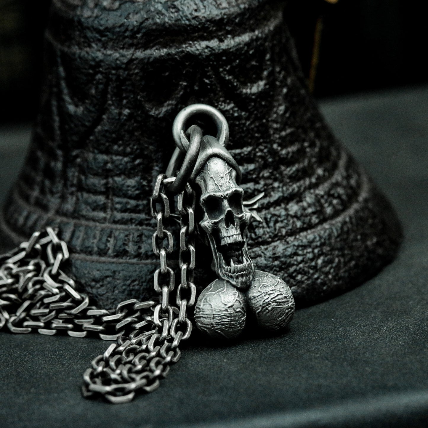 Skull Pendant with Dangling Testicles ¨C 925 Sterling Silver Handmade