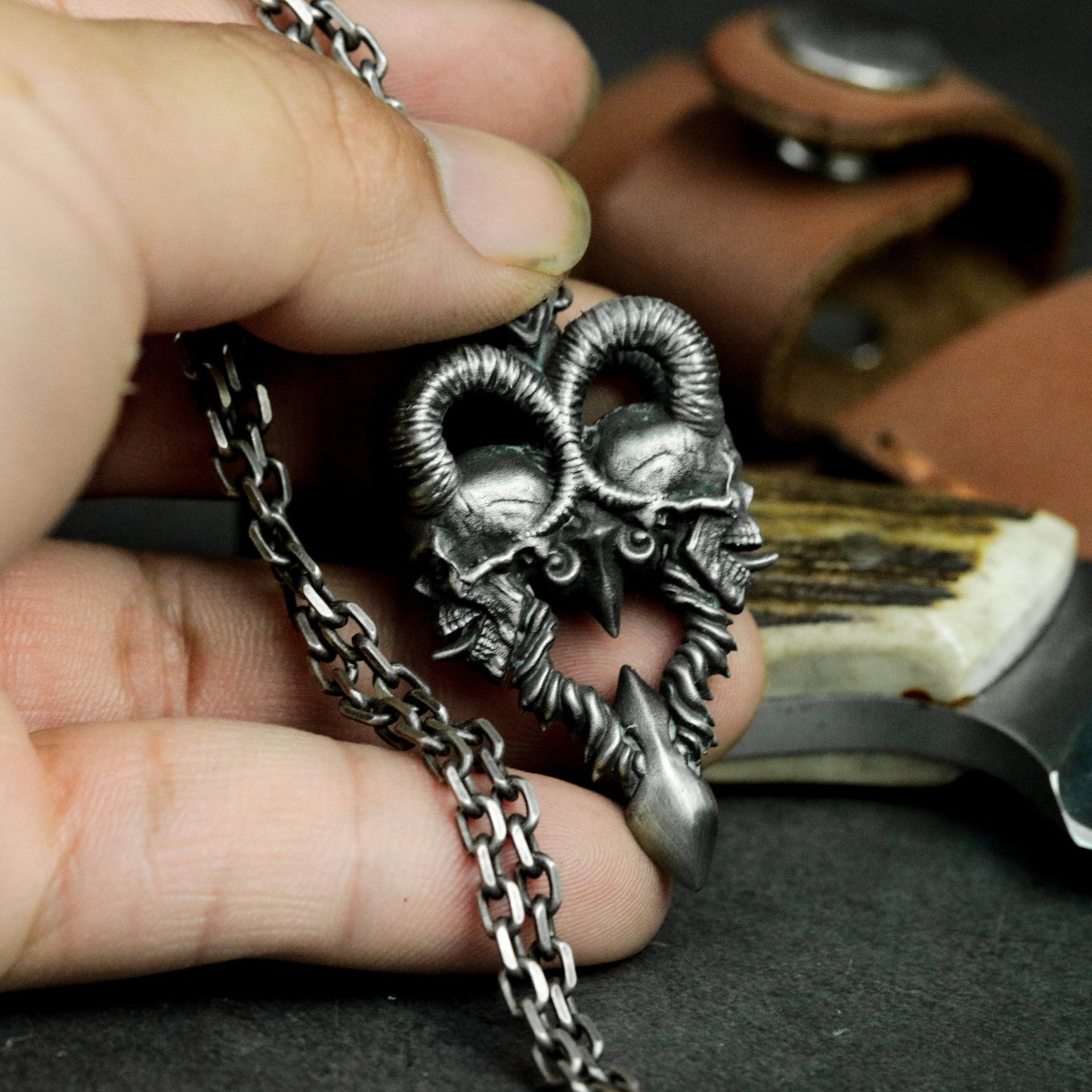 Double Horned Beast Pendant ¨C 925 Silver Handmade